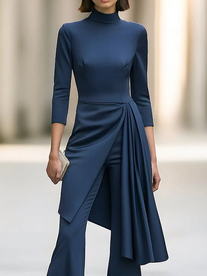 Asymmetric Draped Overlay Mock-Neck Top And Flared Trouser Set