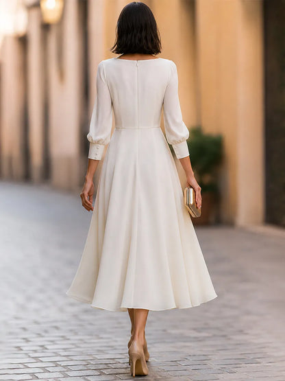 Bateau Neck Bishop Sleeve A-Line Midi Dress
