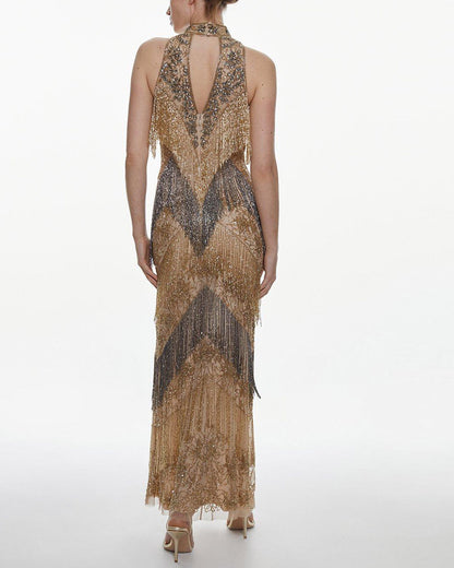 Embellished Fringed Halter Maxi Dress