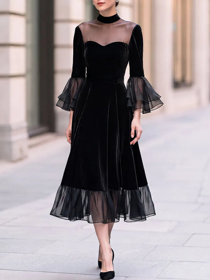Sheer-Yoke Velvet Ruffle Midi Dress
