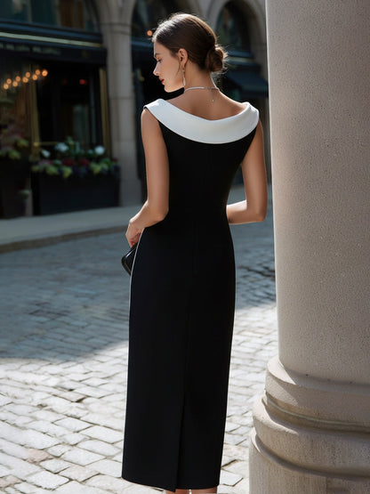 Contrast Neck Sleeveless Column Midi Dress