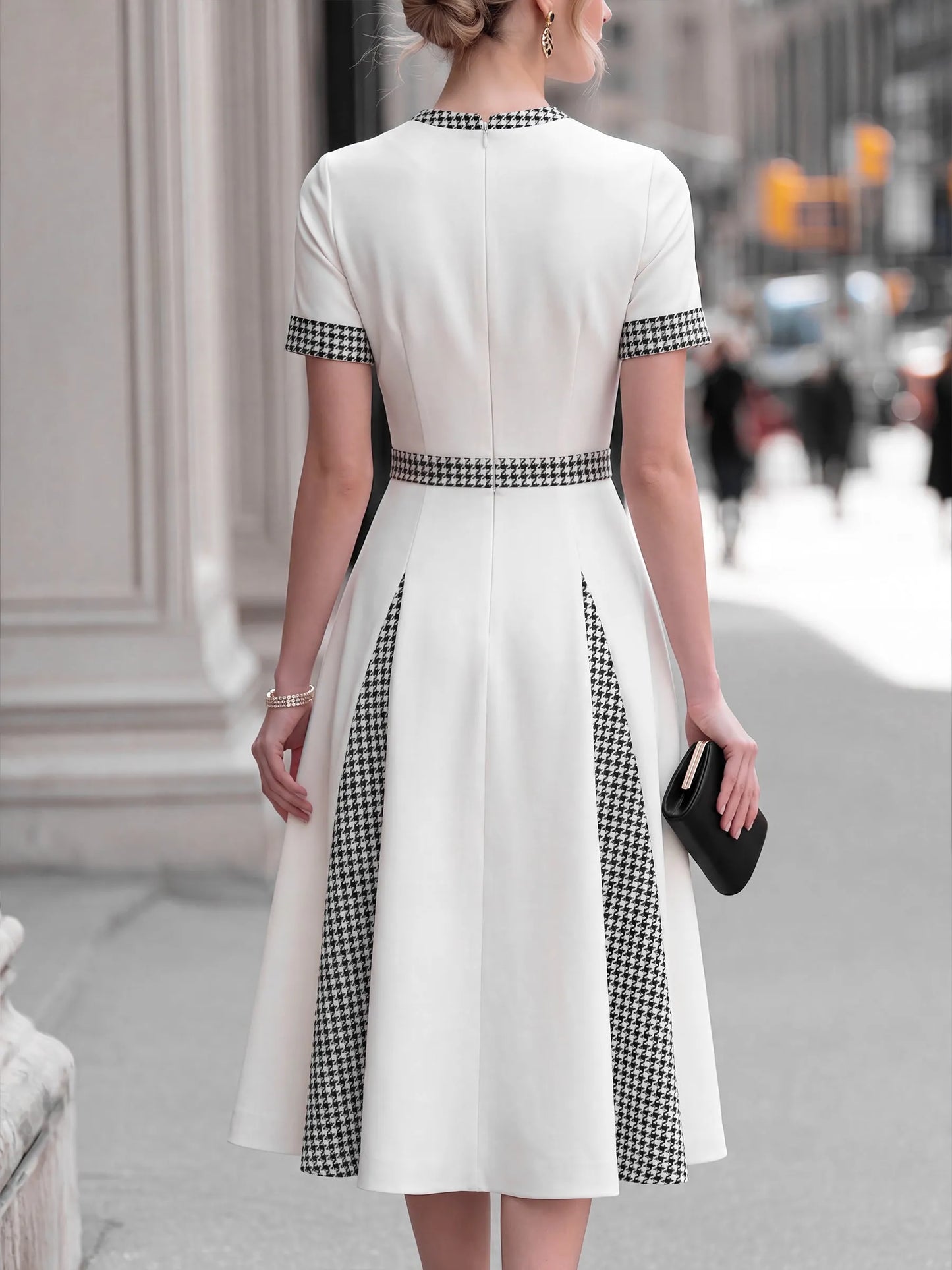Houndstooth Paneled Tailored Midi Dress