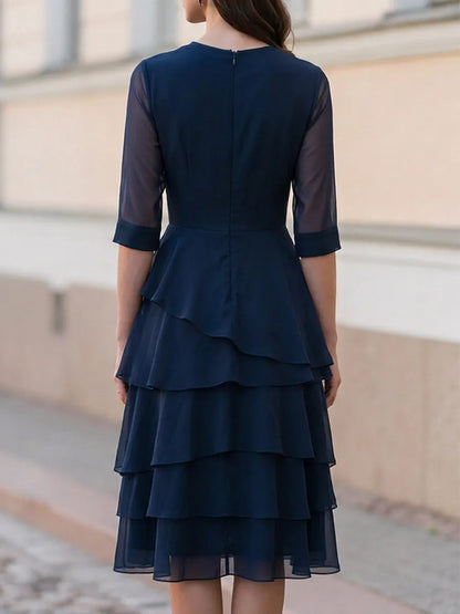 Sheer 3/4 Sleeve Tiered Chiffon Midi Dress, Wedding Guest & Cocktail Party Dress