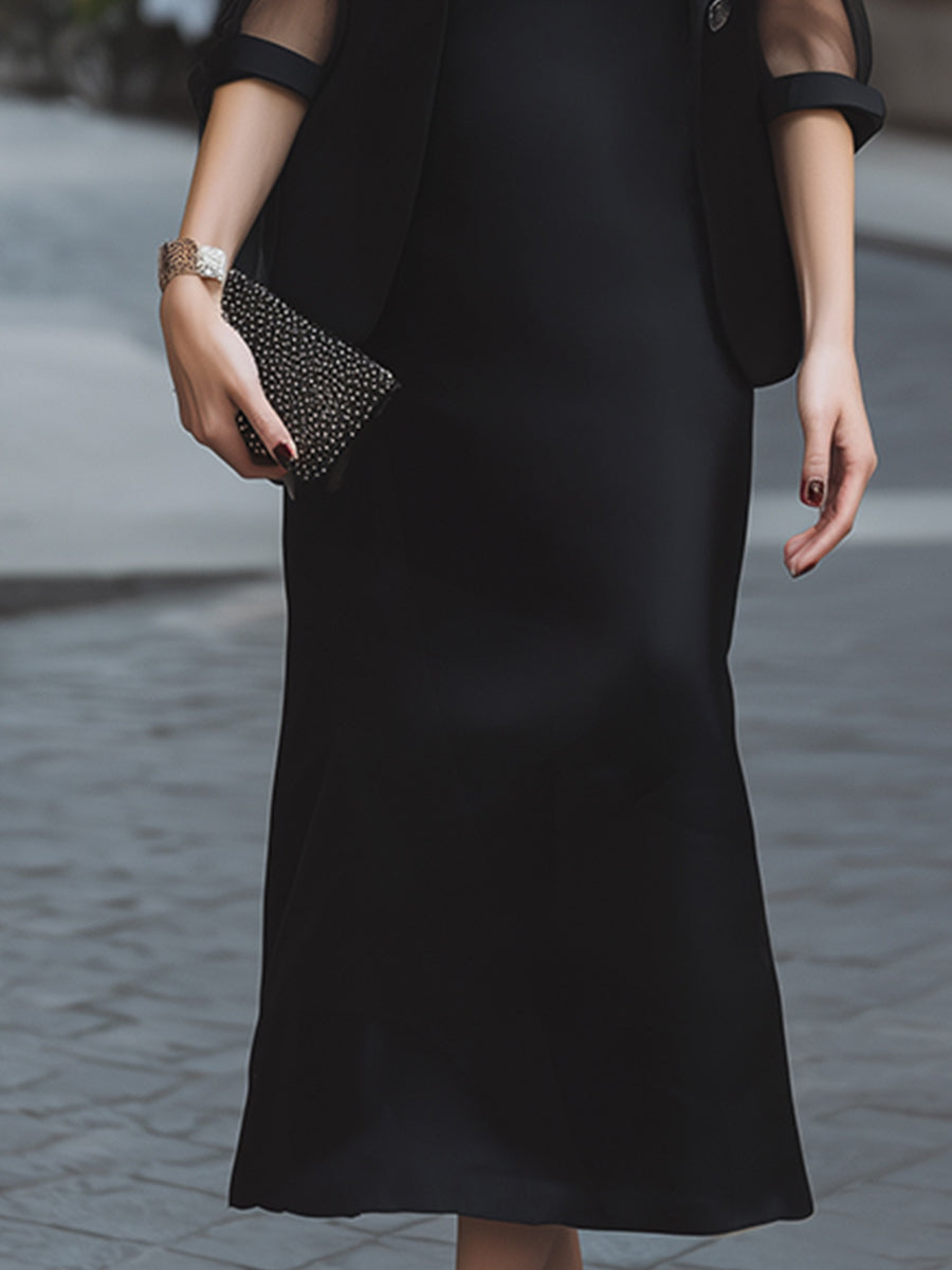Mesh Sleeve Blazer & Strapless Satin Midi Dress Two-Piece Set