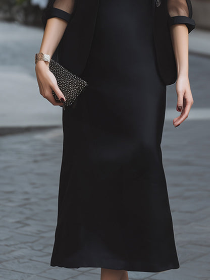 Mesh Sleeve Blazer & Strapless Satin Midi Dress Two-Piece Set