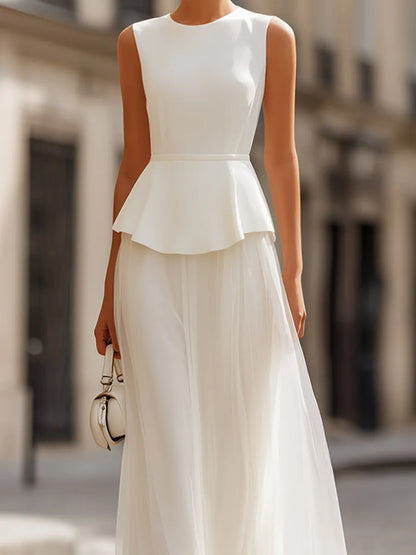 Structured Peplum Bodice Sleeveless Midi Dress With Sheer Skirt