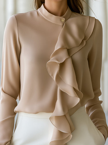 Symmetric Ruffle-Front Stand-Collar Blouse