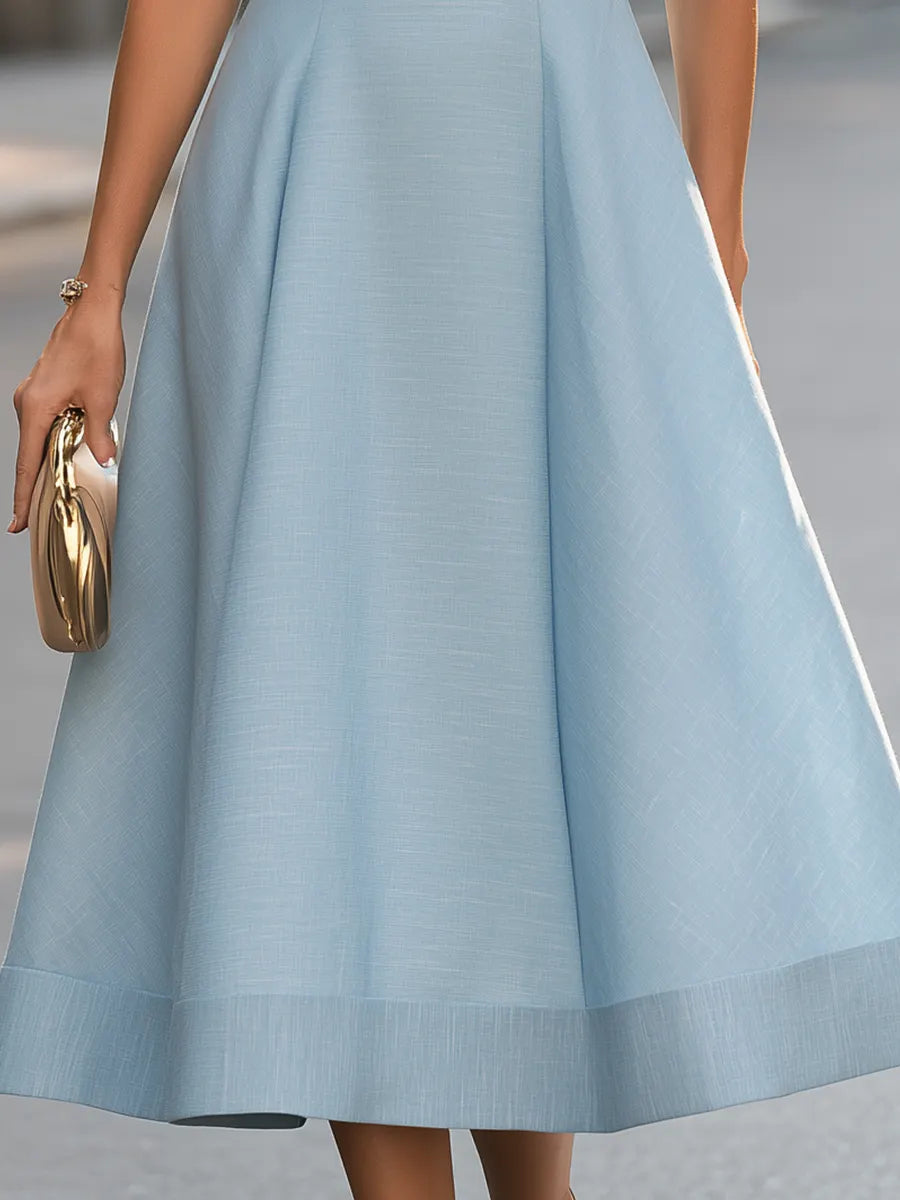 Elegant V-Neck Half Sleeve A-Line Midi Dress