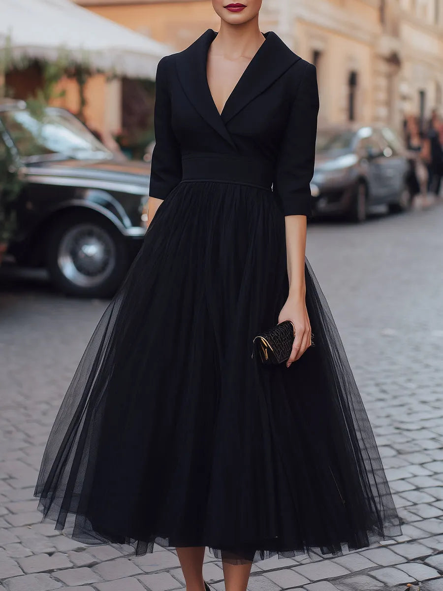 Lapel Wrap-Bodice Tulle Maxi Dress With Full Skirt