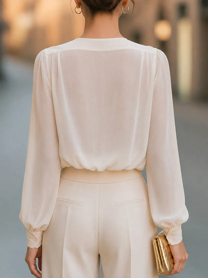 Draped Chiffon V-Neck Wrap Shirt