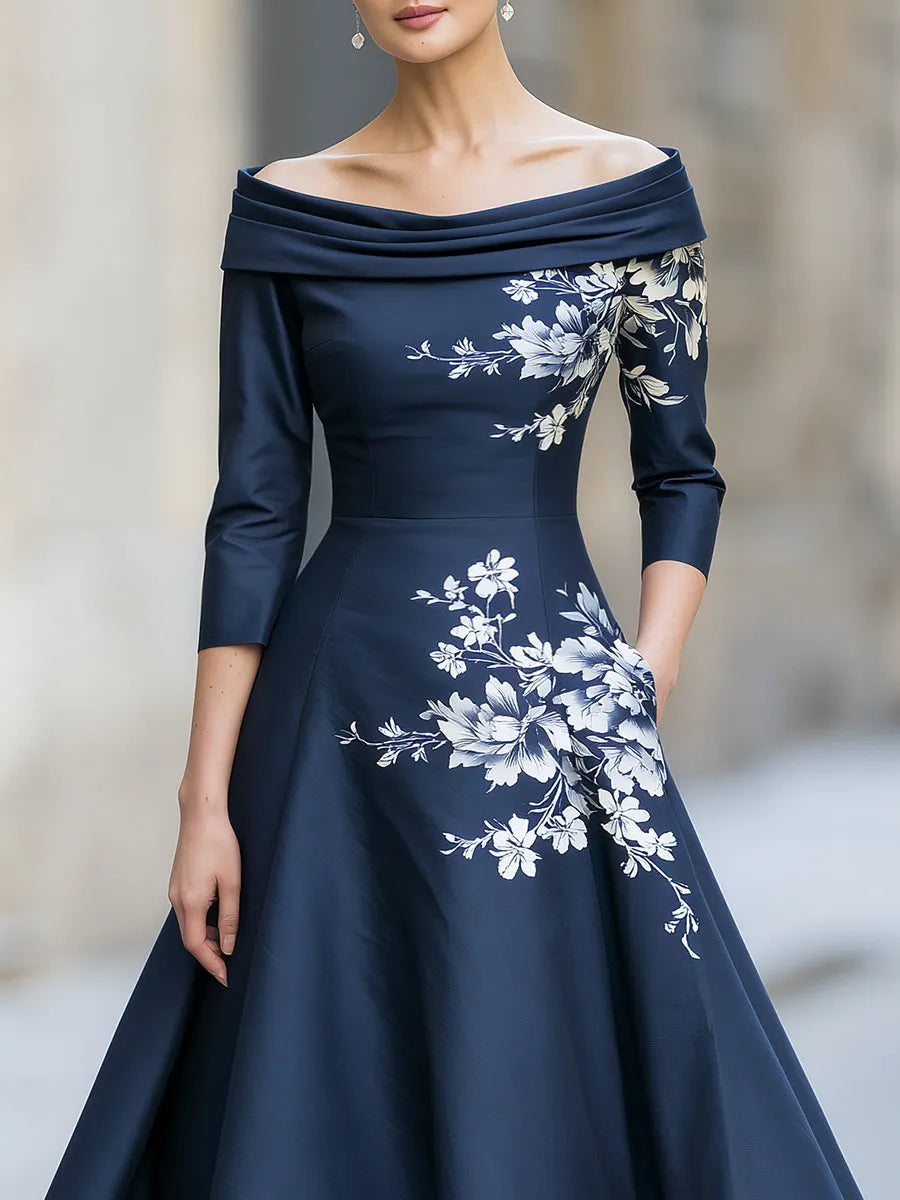 Floral Print Off-Shoulder A-line Midi Dress