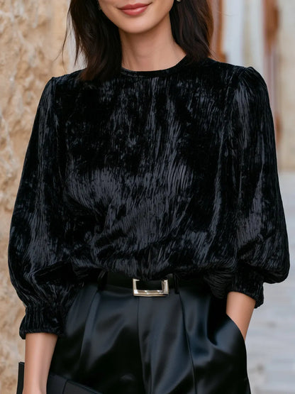 Crushed Velvet Puff-Sleeve Blouse