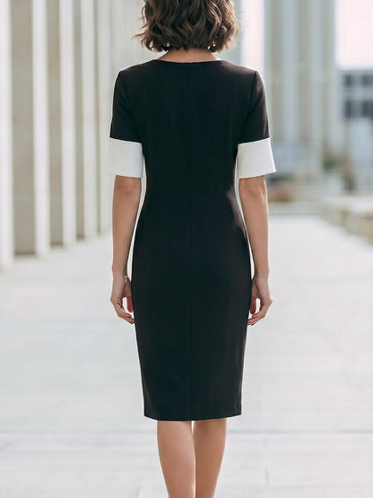 Contrast Cuff Structured Button-Front Midi Sheath Dress