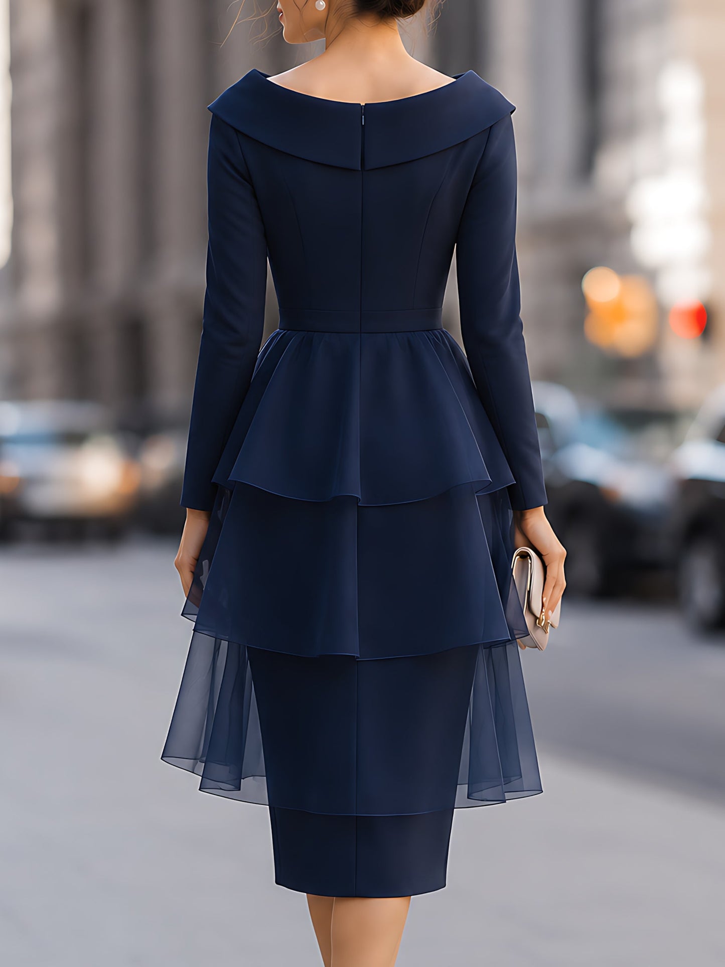 Folded-Collar Organza Tiered Pencil Midi Dress