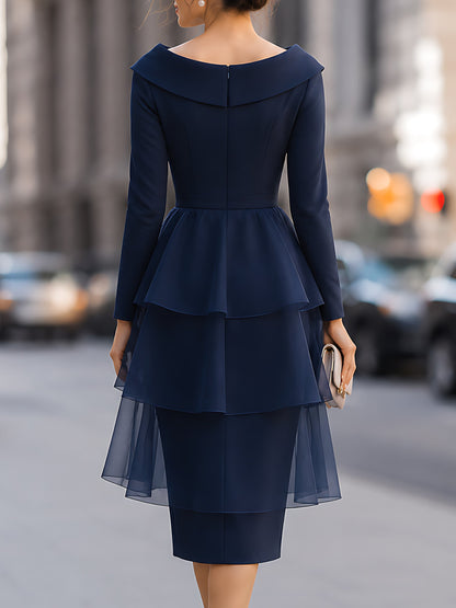 Folded-Collar Organza Tiered Pencil Midi Dress