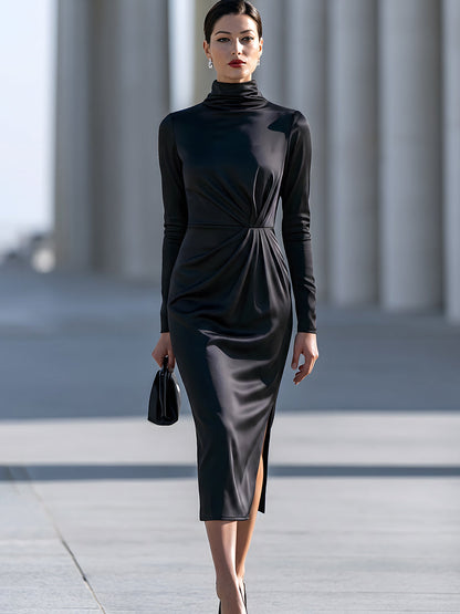 Draped High-Neck Long-Sleeve Midi Dress