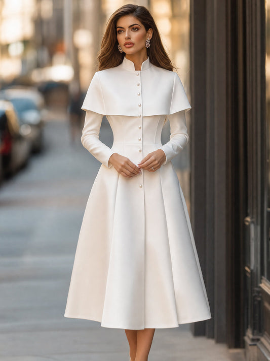 Cape-Overlay Pearl Button High-Neck Midi Dress