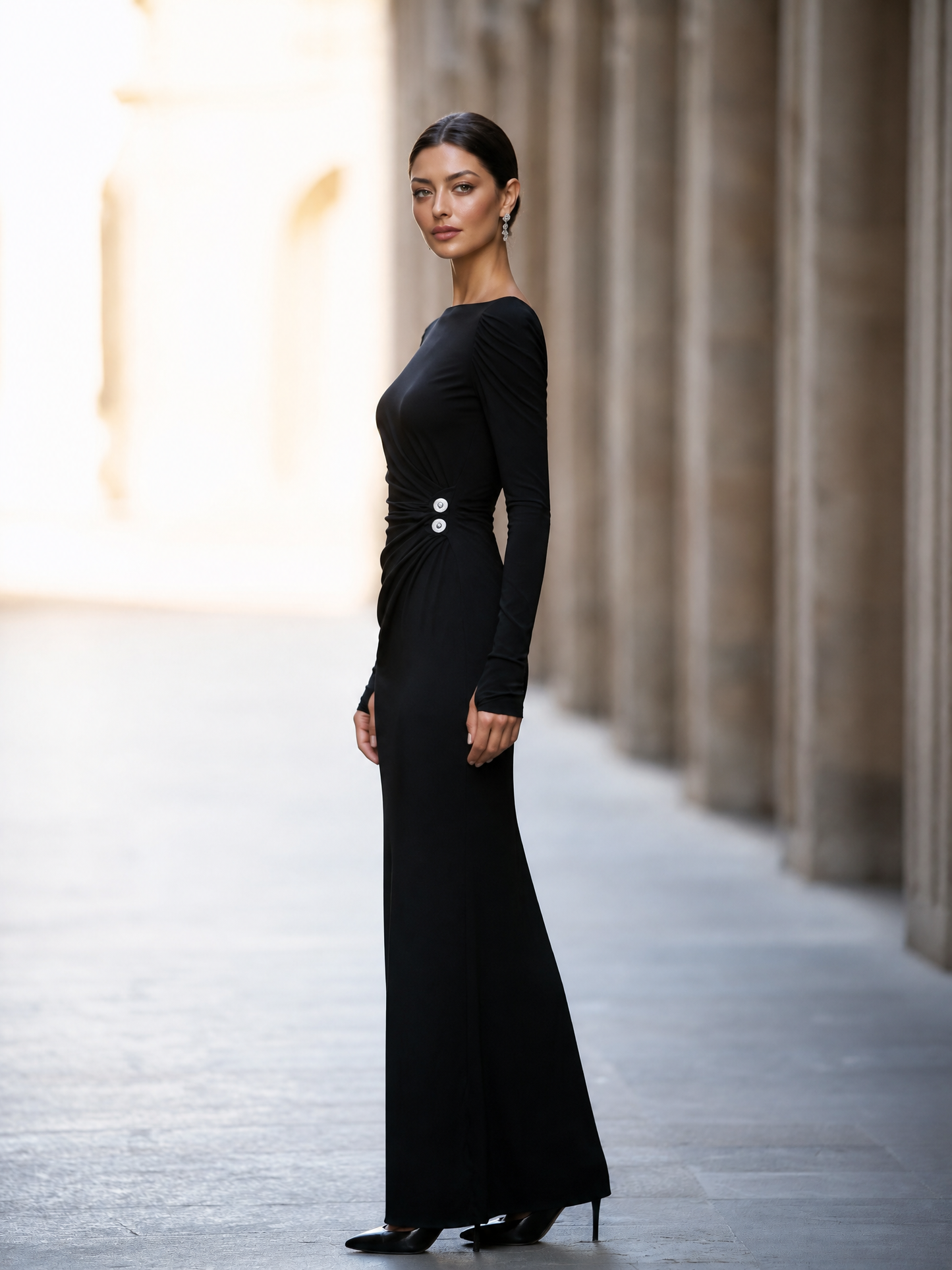 Ide-Ruched Bateau Neck Maxi Dress