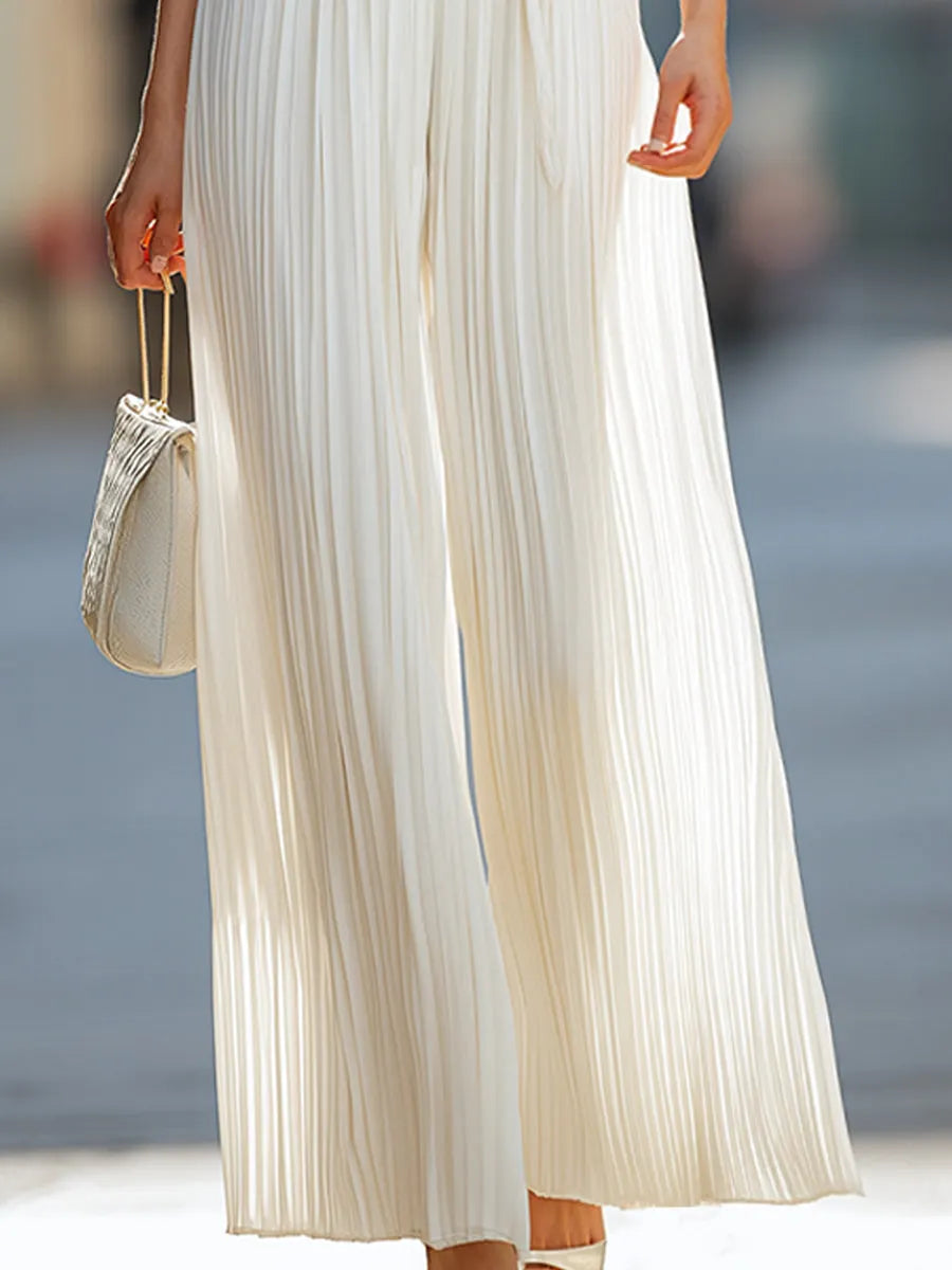 Pleated Sleeveless Tie-Waist Wide-Leg Jumpsuit