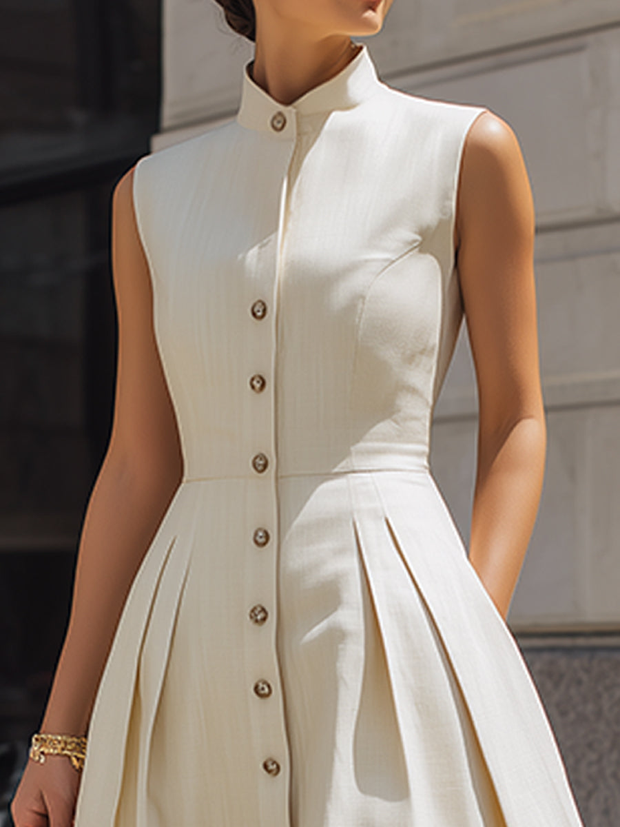 Sleeveless Stand-Collar Pleated Midi Shirt Dress