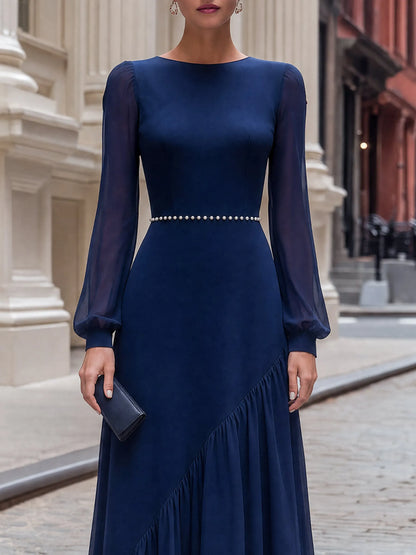 Pearl-Trimmed Asymmetric Chiffon Long Dress