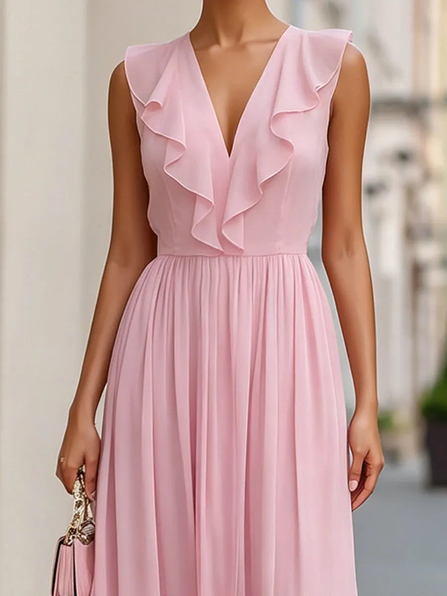 Romantic Ruffle V-Neck Flowing Chiffon Maxi Dress
