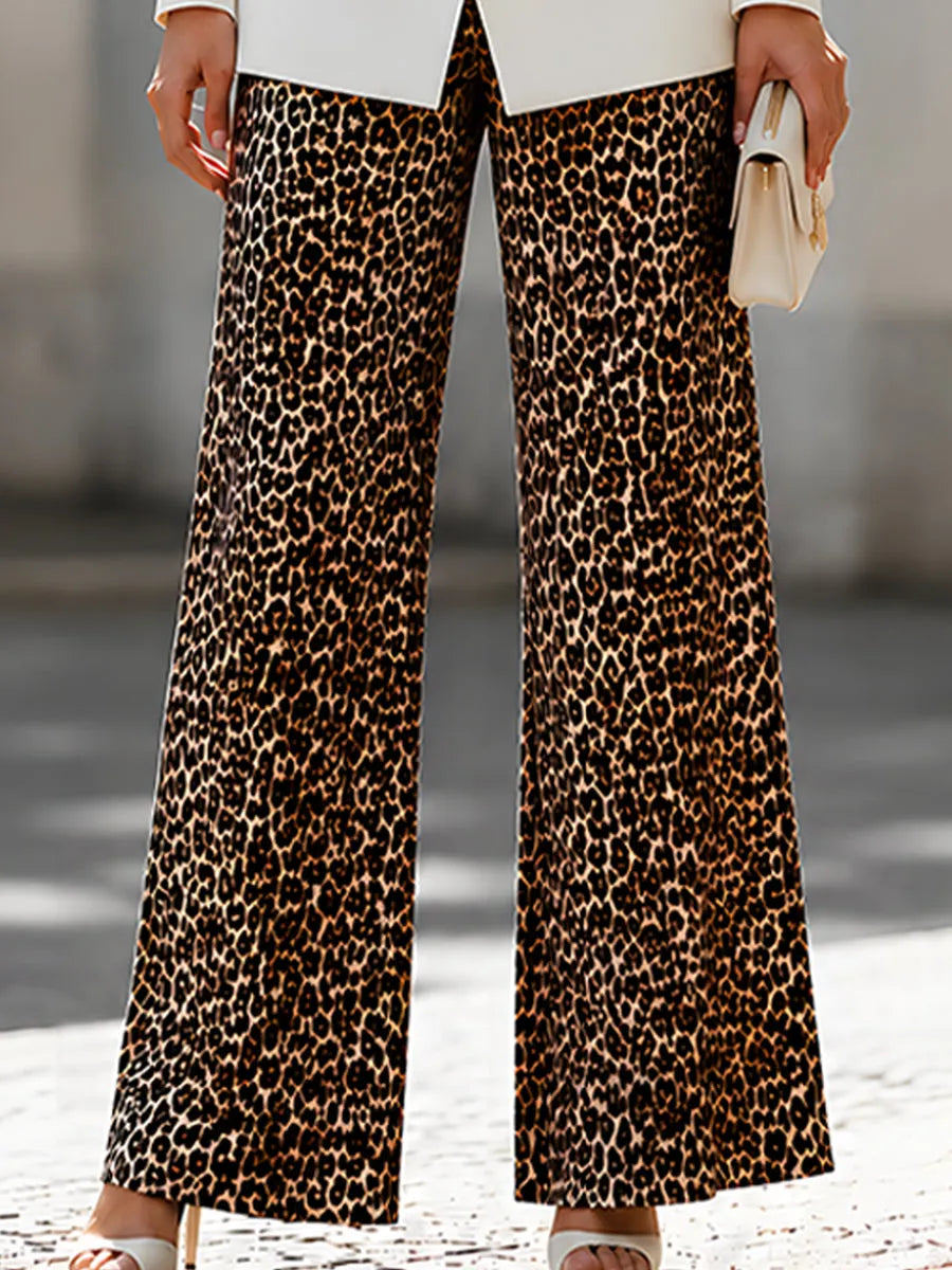 Elegant White Blazer Leopard Print Wide Leg Pants Set