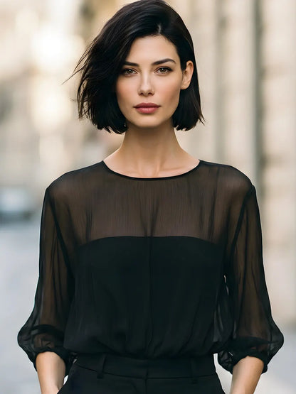 Sheer Puff Sleeve High-Neck Blouse