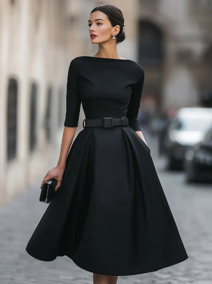 Belted Bateau-Neck Half-Sleeve A-Line Midi Dress