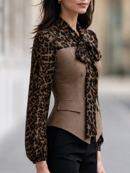 Leopard Print Bow Tie Neck Long Sleeve Fitted Blouse Top