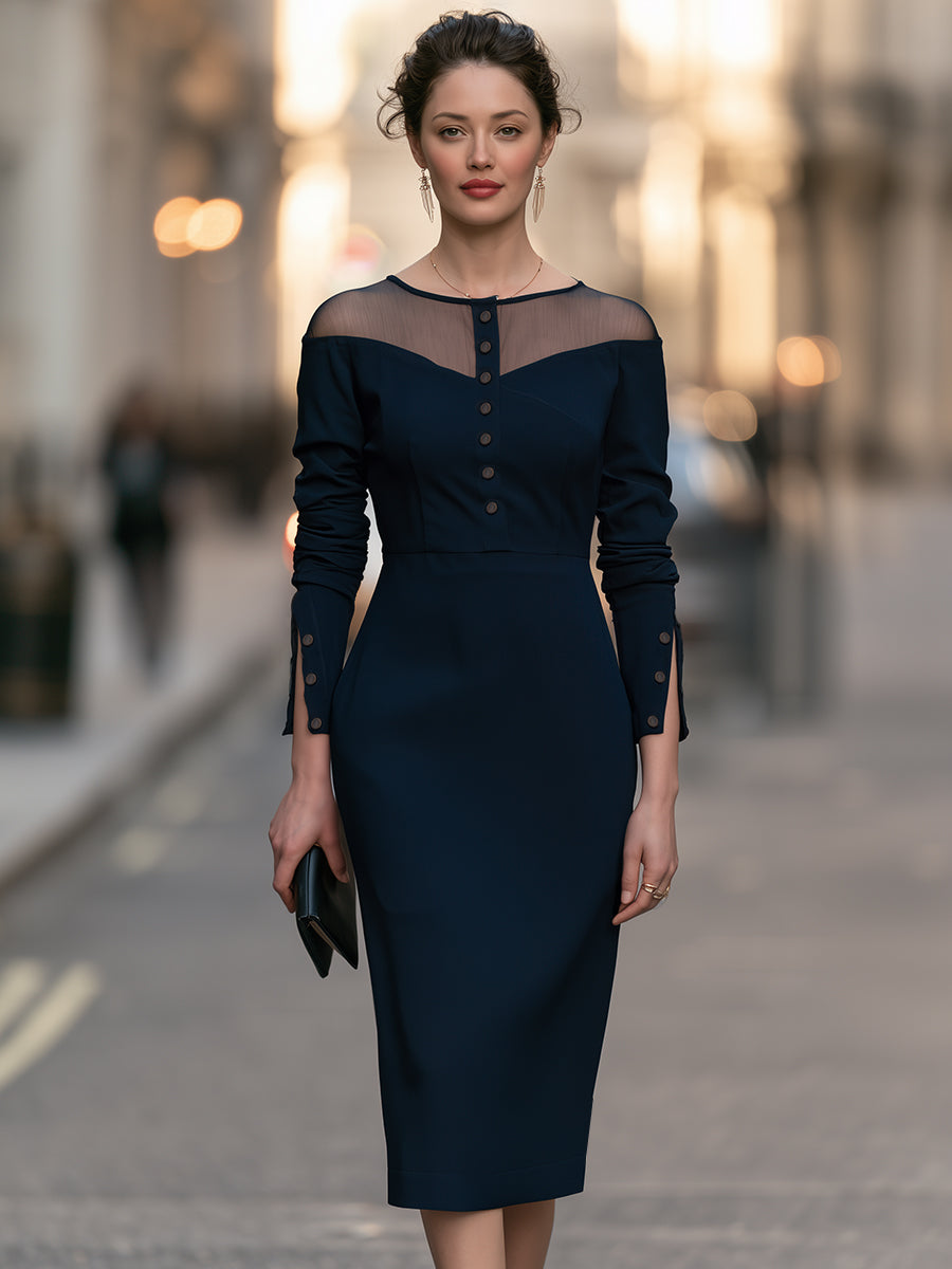 Sheer Yoke Button-Detail Midi Dress