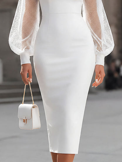 Sheer Mesh-Sleeve Tailored Midi Dress