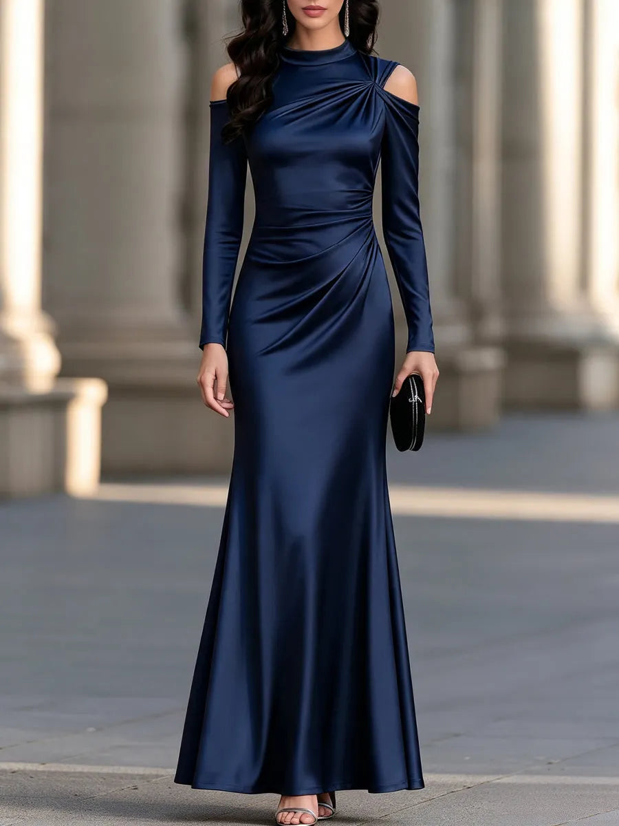 Cold-Shoulder Satin Draped Maxi Dress