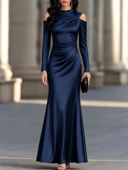 Cold-Shoulder Satin Draped Maxi Dress