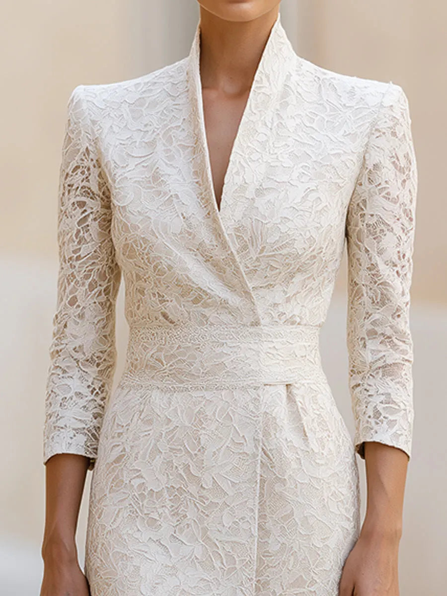 Ivory Lace Wrap-Collar Maxi Dress(Paired with a lace belt)