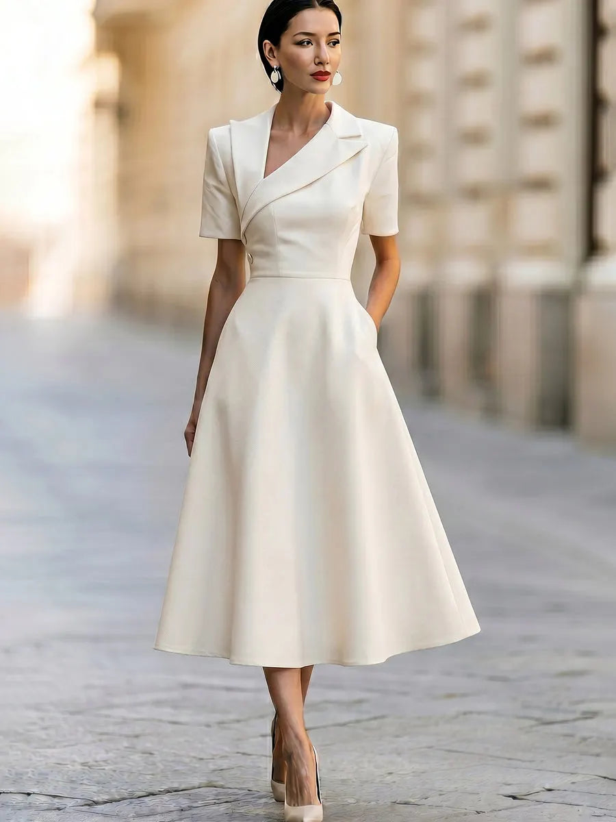 Asymmetric Lapel Short Sleeve Fit-and-Flare Midi Dress