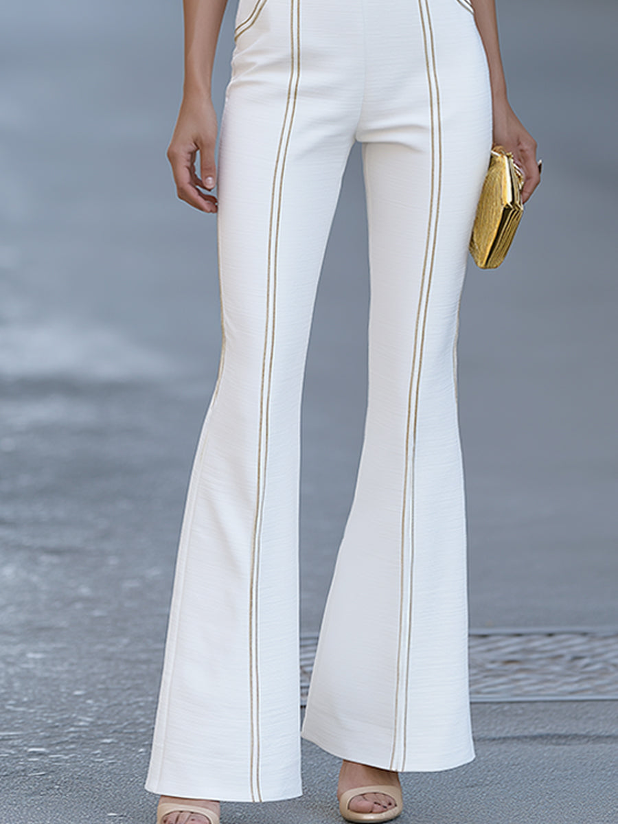 V-Neck Gold Trim Flared Jumpsuit With Sculpted Waist
