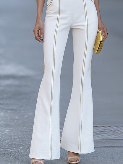 V-Neck Gold Trim Flared Jumpsuit With Sculpted Waist