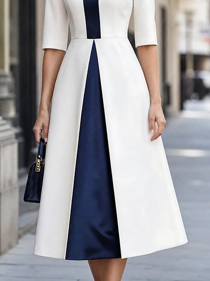 Satin-Panel Stand-Collar Midi Dress