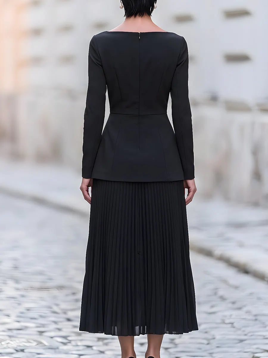 Elegant Boat Neck Top And Pleated Midi Skirt Set