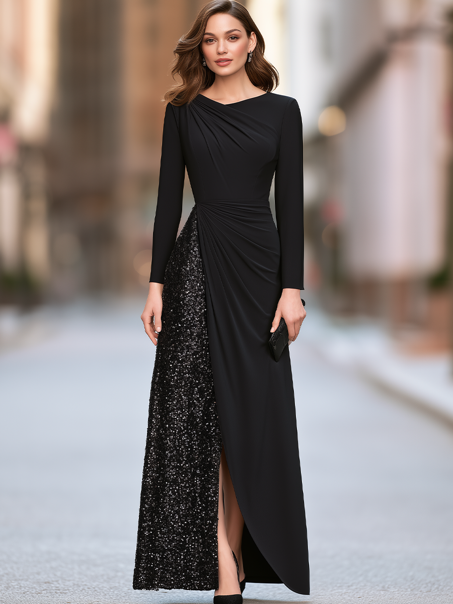 Asymmetric Neckline Ruched Sequin Panel Wrap-Front Maxi Dress