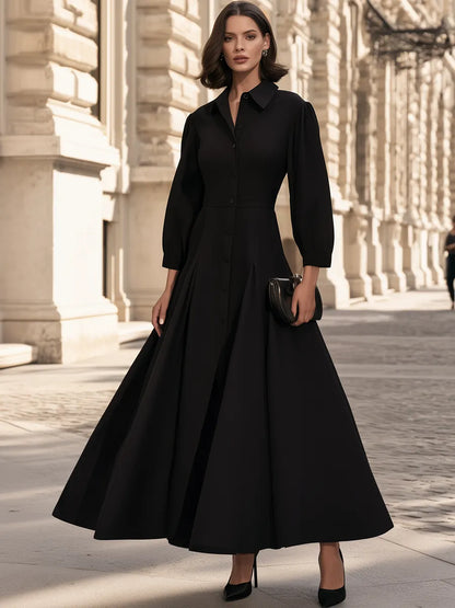 Elegant Black Shirt Collar Puff Sleeve A-Line Maxi Dress