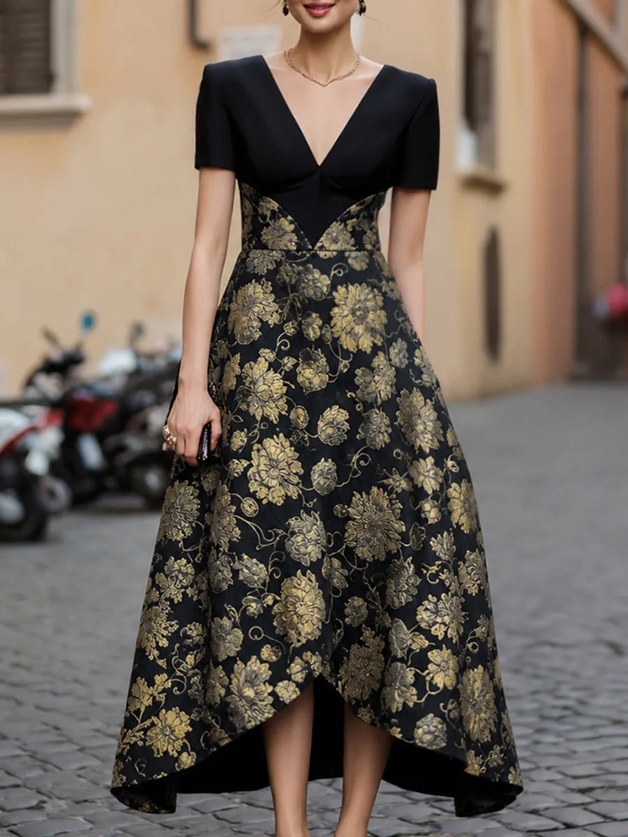 Floral Jacquard V-Neck High-Low Evening Dress