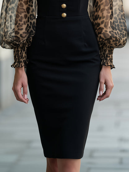 Leopard Sheer Puff Sleeve Square Neck Button-Front Sheath Dress