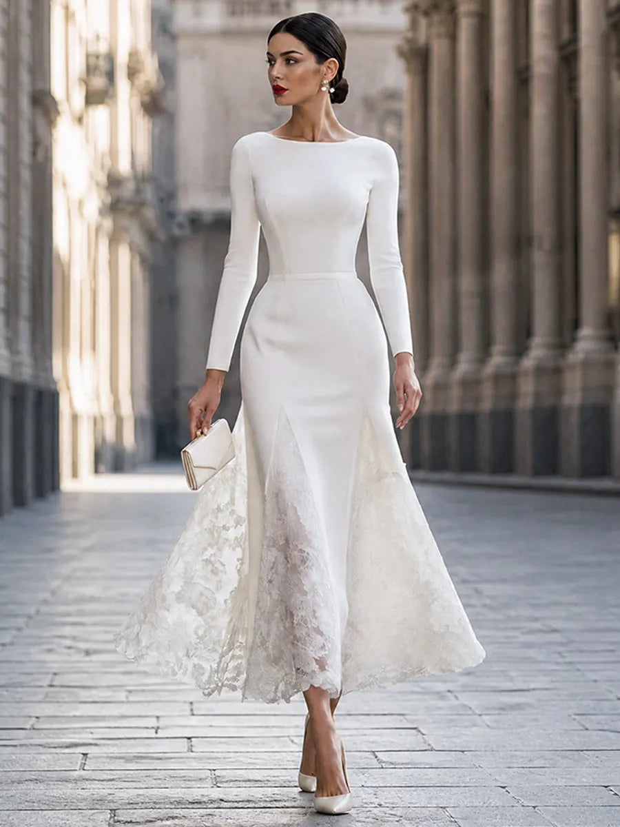 Elegant Long Sleeve Lace Splicing Mermaid Maxi Dress