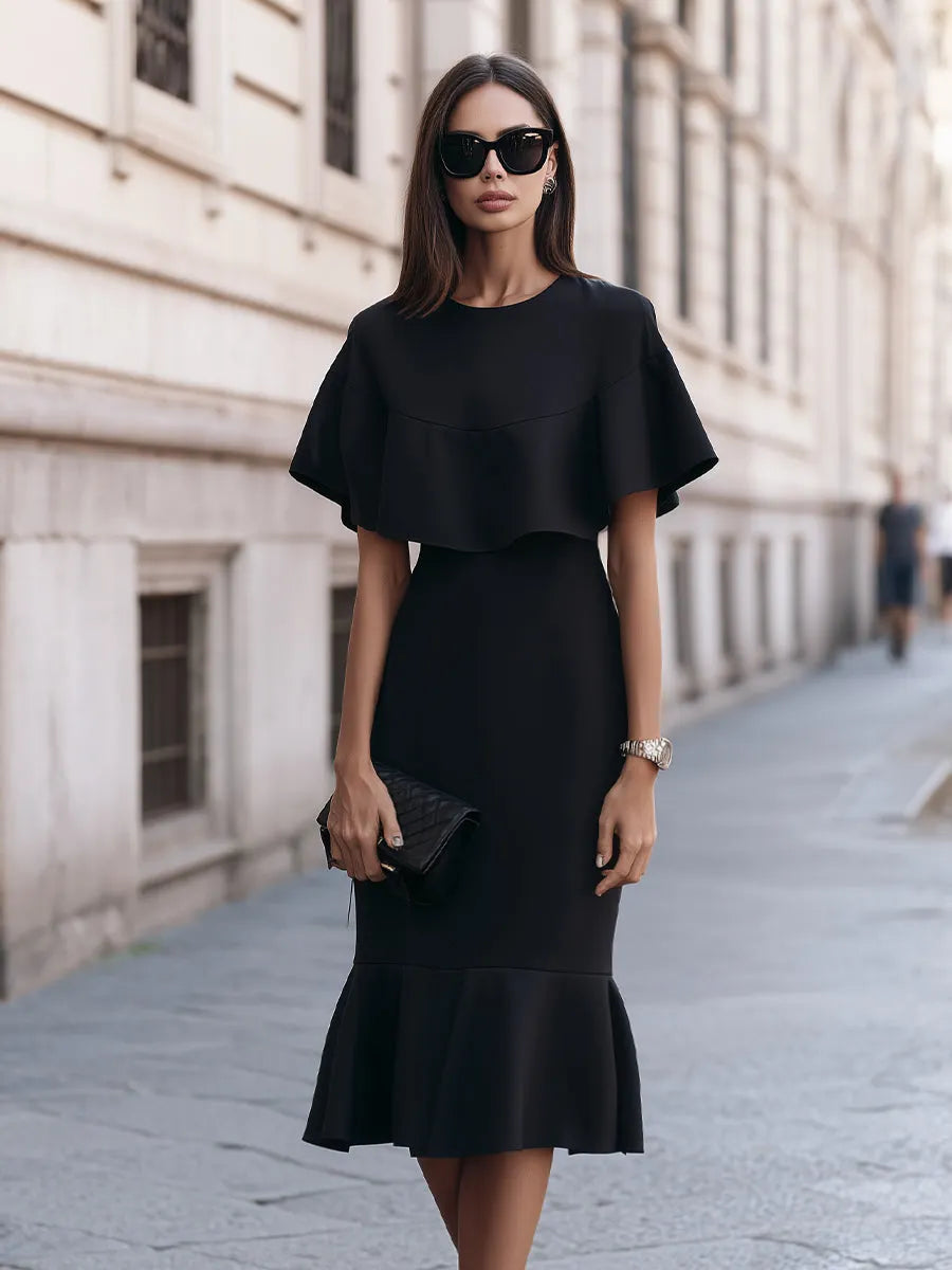 Elegant Cape Sleeve Mermaid Midi Dress