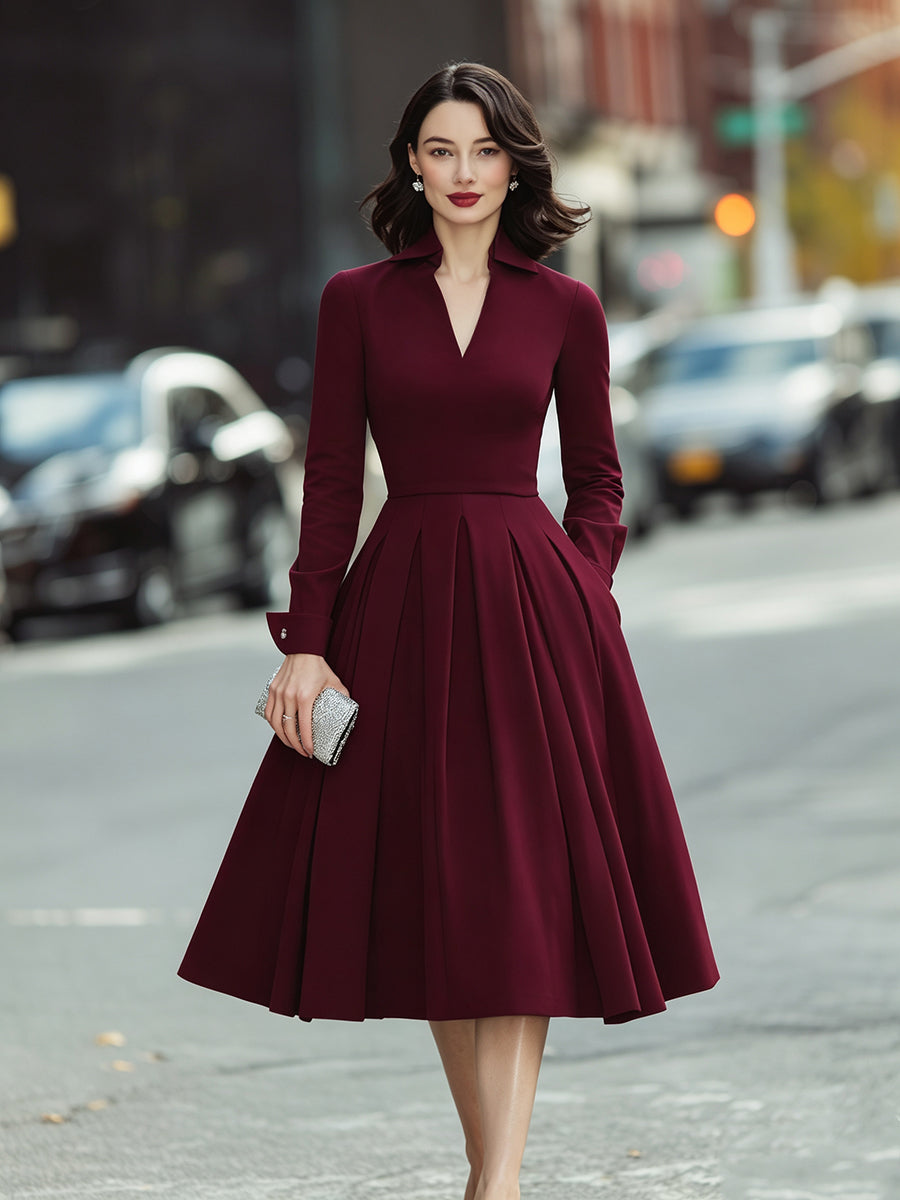 Open-Collar V-Neck Pleated Midi Dress