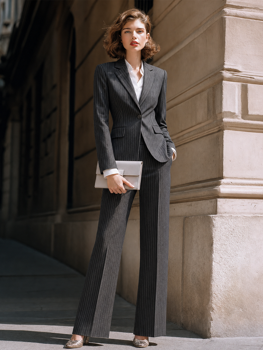 Pinstripe Single-Button Blazer And Wide-Leg Pants Set