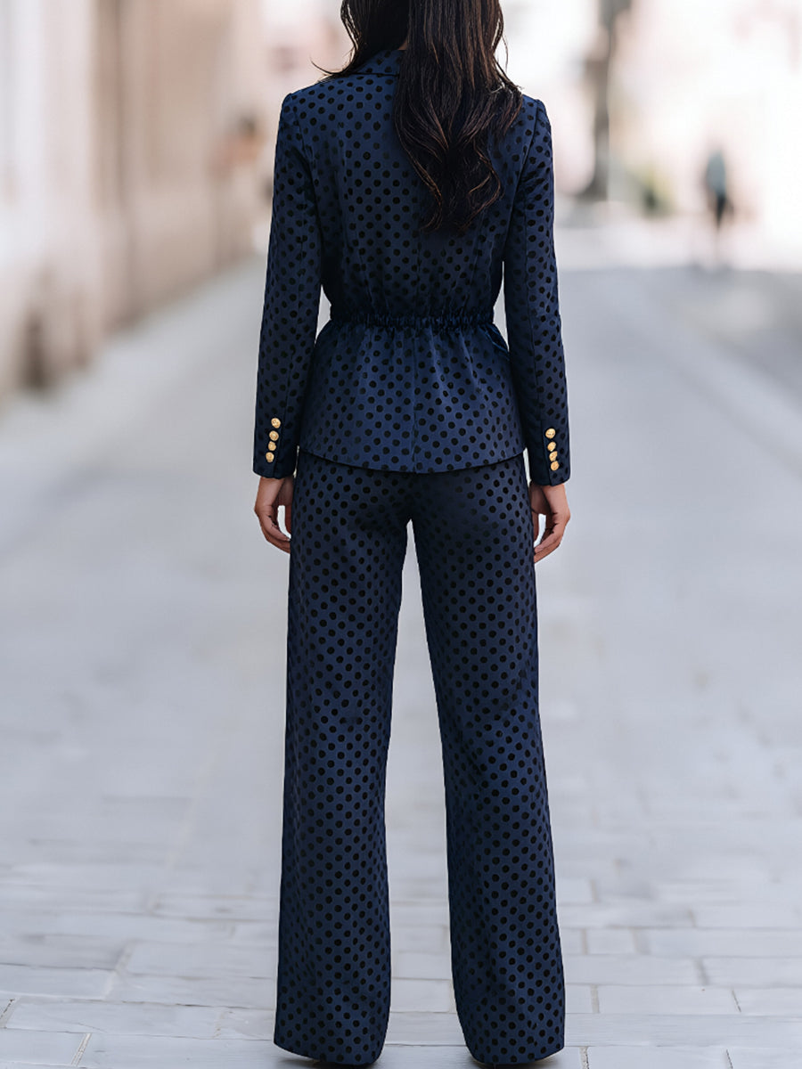 Polka Dot Drawstring Waist Blazer & Wide Leg Pants Two Piece Suit