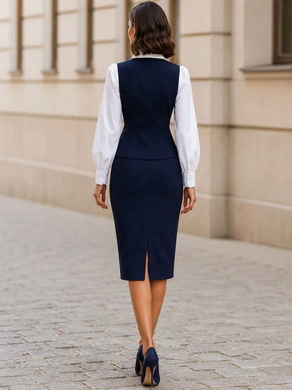 Office Formal V Neck Button Waistcoat & Midi Pencil Skirt 3 Piece  Business Suit Set